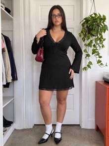 Comfortcana Tie-Dye Floral Print Mesh Bell Sleeve V-Neck A-Line Plus Size Casual Vacation Dress Fall - Black - View 7