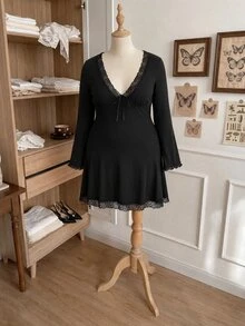 Comfortcana Tie-Dye Floral Print Mesh Bell Sleeve V-Neck A-Line Plus Size Casual Vacation Dress Fall - Black - View 4