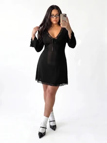 Comfortcana Tie-Dye Floral Print Mesh Bell Sleeve V-Neck A-Line Plus Size Casual Vacation Dress Fall - Black - View 10