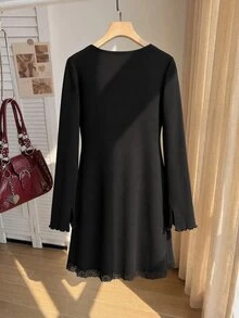 Comfortcana Tie-Dye Floral Print Mesh Bell Sleeve V-Neck A-Line Plus Size Casual Vacation Dress Fall - Black - View 2