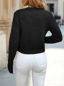 Chikora Plus Size Solid Color Front Button Elegant Commuter Long Sleeve Cardigan/Winter Fall - Black - View 2
