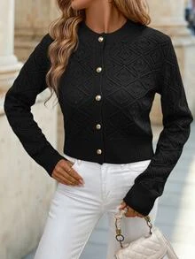 Chikora Plus Size Solid Color Front Button Elegant Commuter Long Sleeve Cardigan/Winter Fall - Black - View 6