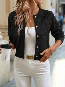 Chikora Plus Size Solid Color Front Button Elegant Commuter Long Sleeve Cardigan/Winter Fall - Black - View 5