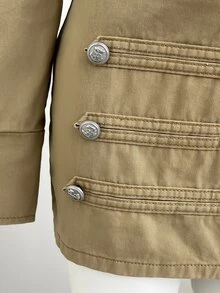 Elamini Women's Stand Collar Asymmetric Placket Button Decor Washed Denim Set - Khaki - View 4
