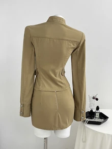 Elamini Women's Stand Collar Asymmetric Placket Button Decor Washed Denim Set - Khaki - View 2