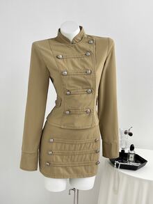 Elamini Women's Stand Collar Asymmetric Placket Button Decor Washed Denim Set - Khaki - View 6