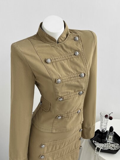 Mori Grove Mori Grove Women's Stand Collar Asymmetric Placket Button Decor Washed Denim Set