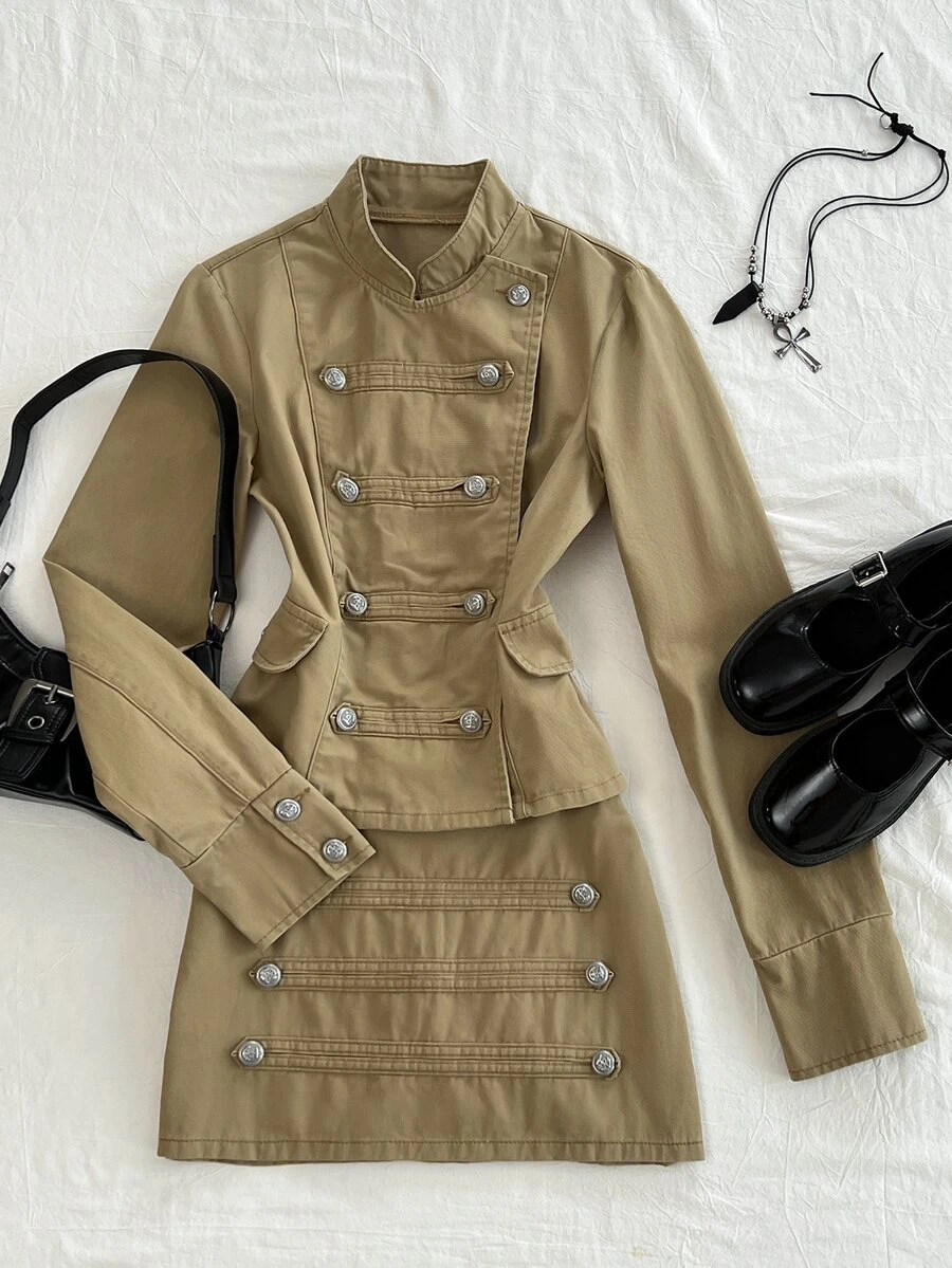 Elamini Women's Stand Collar Asymmetric Placket Button Decor Washed Denim Set - Khaki - View 1