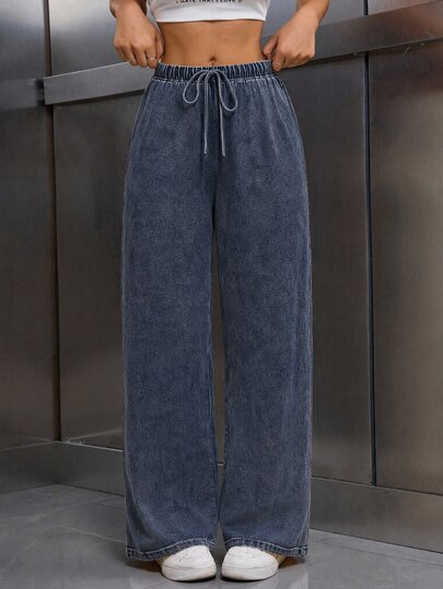 EMERY ROSE Jeans casuales versátiles de uso diario con cintura de cordón para mujer