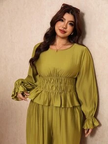 Elaquor Plus Size Ruffle Hem Pleated Top And Cuffed Long Pants 2 Pieces Set Elegant Casual Wedding High Tea Brunch Formal Party For Women Fall Olive Green - Olive Green - View 4