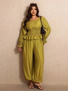 Elaquor Plus Size Ruffle Hem Pleated Top And Cuffed Long Pants 2 Pieces Set Elegant Casual Wedding High Tea Brunch Formal Party For Women Fall Olive Green - Olive Green - View 6