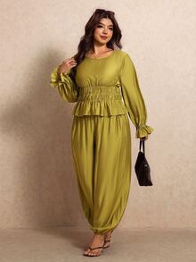 Elaquor Plus Size Ruffle Hem Pleated Top And Cuffed Long Pants 2 Pieces Set Elegant Casual Wedding High Tea Brunch Formal Party For Women Fall Olive Green - Olive Green - View 1