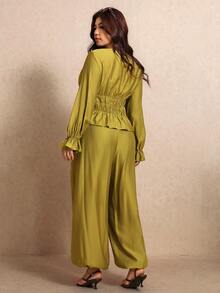 Elaquor Plus Size Ruffle Hem Pleated Top And Cuffed Long Pants 2 Pieces Set Elegant Casual Wedding High Tea Brunch Formal Party For Women Fall Olive Green - Olive Green - View 2