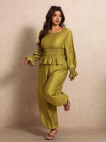 Elaquor Plus Size Ruffle Hem Pleated Top And Cuffed Long Pants 2 Pieces Set Elegant Casual Wedding High Tea Brunch Formal Party For Women Fall Olive Green - Olive Green - View 5
