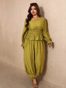 Elaquor Plus Size Ruffle Hem Pleated Top And Cuffed Long Pants 2 Pieces Set Elegant Casual Wedding High Tea Brunch Formal Party For Women Fall Olive Green - Olive Green - View 3
