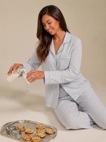 Athîral Women's Striped Heart Patchwork Collar Top & Pants PJS Striped PJS Striped Lounge Set PJS Two Piece Lounge Wear Set Light Blue Pj Set, Winter Clothes - Baby Blue - View 3