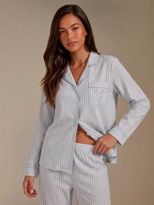Athîral Women's Striped Heart Patchwork Collar Top & Pants PJS Striped PJS Striped Lounge Set PJS Two Piece Lounge Wear Set Light Blue Pj Set, Winter Clothes - Baby Blue - View 4