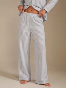 Athîral Women's Striped Heart Patchwork Collar Top & Pants PJS Striped PJS Striped Lounge Set PJS Two Piece Lounge Wear Set Light Blue Pj Set, Winter Clothes - Baby Blue - View 5