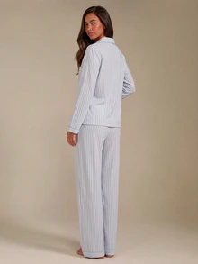 Athîral Women's Striped Heart Patchwork Collar Top & Pants PJS Striped PJS Striped Lounge Set PJS Two Piece Lounge Wear Set Light Blue Pj Set, Winter Clothes - Baby Blue - View 2
