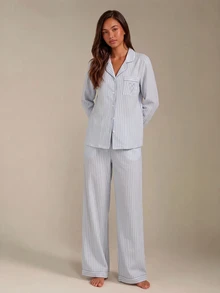Athîral Women's Striped Heart Patchwork Collar Top & Pants PJS Striped PJS Striped Lounge Set PJS Two Piece Lounge Wear Set Light Blue Pj Set, Winter Clothes - Baby Blue - View 6