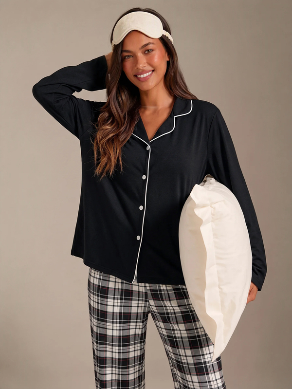 Athîral Women's Collared Button Decor Plaid Print Pajama Set Pajama Sets For Women Black, Fall & Winter Clothes