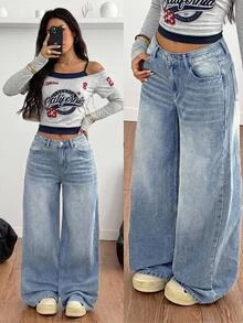 SHEIN 青少年女孩 Y2K 90年代復古高腰寬鬆寬腿牛仔褲 水藍色 夏季休閒街頭風 校園開學季 水洗百搭丹寧 - 藍色 - 查看 7