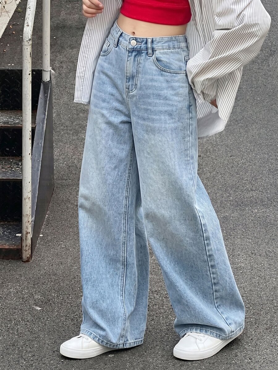SHEIN 青少年女孩 Y2K 90年代復古高腰寬鬆寬腿牛仔褲 水藍色 夏季休閒街頭風 校園開學季 水洗百搭丹寧
