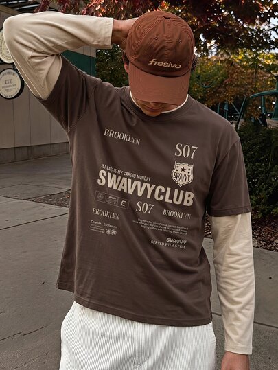 SWAVVY Men's Knitted Fashion Daily Young Casual English Print Patchwork Loose Long Sleeve T-Shirt