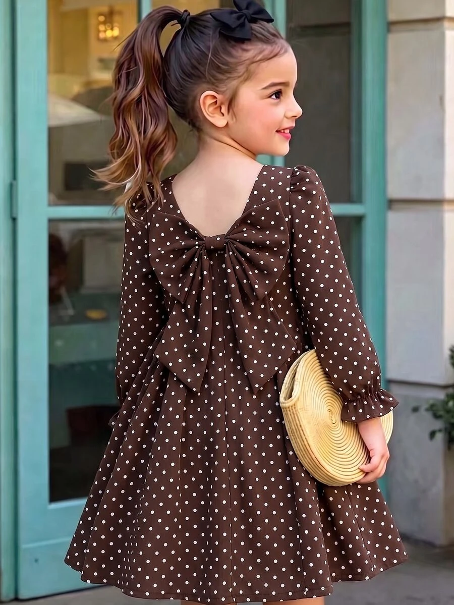 Genkimix Kids Toddler Girls Polyester Square Neck Long Sleeve Botanical Zip Ruffle Short A-Line Regular Fit Dress Birthday Party Fall - Coffee - View 1