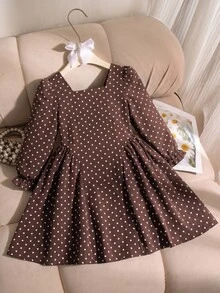 Genkimix Kids Toddler Girls Polyester Square Neck Long Sleeve Botanical Zip Ruffle Short A-Line Regular Fit Dress Birthday Party Fall - Coffee - View 2