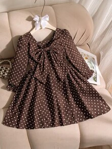 Genkimix Kids Toddler Girls Polyester Square Neck Long Sleeve Botanical Zip Ruffle Short A-Line Regular Fit Dress Birthday Party Fall - Coffee - View 3