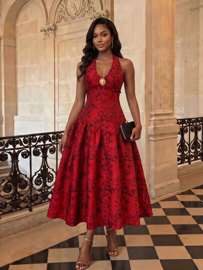 Vintamour Vintage klassisches elegantes Damenkleid, ganzjährig tragbares figurbetontes Neckholder-Kleid, burgunderrotes Jacquard-Kleid, Vintage-Brosche-Kleid