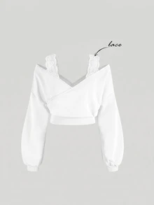 SHEIN MOD 大尺碼韓系百搭蕾絲拼接長袖運動衫 - 白色 - 查看 6