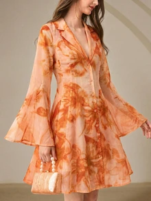 BELROSIE Rosie Yellow Floral Print Chiffon Collar Ruffle A-Line Short Dress - Burnt Orange - View 7