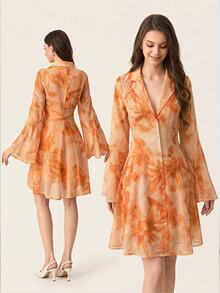 BELROSIE Rosie Yellow Floral Print Chiffon Collar Ruffle A-Line Short Dress - Burnt Orange - View 8
