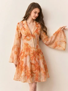 BELROSIE Rosie Yellow Floral Print Chiffon Collar Ruffle A-Line Short Dress - Burnt Orange - View 6