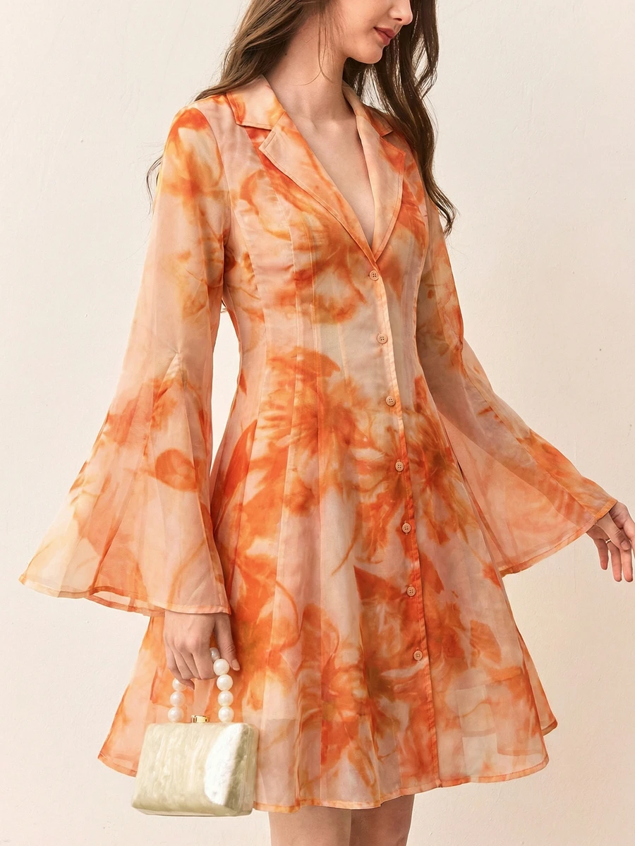 BELROSIE Rosie Yellow Floral Print Chiffon Collar Ruffle A-Line Short Dress - Burnt Orange - View 1