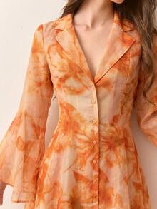 BELROSIE Rosie Yellow Floral Print Chiffon Collar Ruffle A-Line Short Dress - Burnt Orange - View 9
