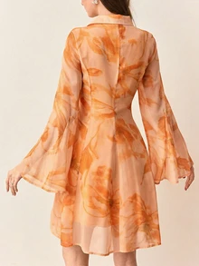 BELROSIE Rosie Yellow Floral Print Chiffon Collar Ruffle A-Line Short Dress - Burnt Orange - View 2