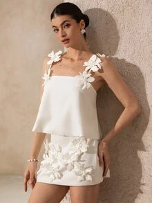 BELROSIE Women's White Handmade 3D Flower Decor Strap Camisole Top Mini Skirt 2 Pieces Set, Elegant Romantic Summer Wedding Outfit Cocktail Bar Party - White - View 5
