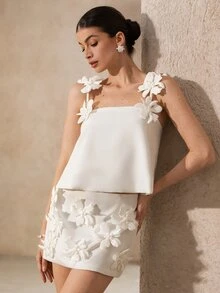 BELROSIE Women's White Handmade 3D Flower Decor Strap Camisole Top Mini Skirt 2 Pieces Set, Elegant Romantic Summer Wedding Outfit Cocktail Bar Party - White - View 4