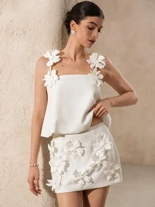 BELROSIE Women's White Handmade 3D Flower Decor Strap Camisole Top Mini Skirt 2 Pieces Set, Elegant Romantic Summer Wedding Outfit Cocktail Bar Party - White - View 6