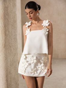 BELROSIE Women's White Handmade 3D Flower Decor Strap Camisole Top Mini Skirt 2 Pieces Set, Elegant Romantic Summer Wedding Outfit Cocktail Bar Party - White - View 7