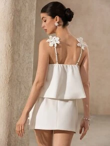 BELROSIE Women's White Handmade 3D Flower Decor Strap Camisole Top Mini Skirt 2 Pieces Set, Elegant Romantic Summer Wedding Outfit Cocktail Bar Party - White - View 2
