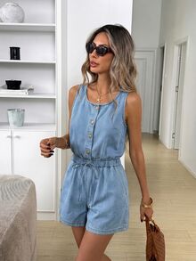 Easowa Women's Round Neck Pleated Casual Everyday Denim Overall Shorts Vacation Light Blue Summer - Light Wash - View 4