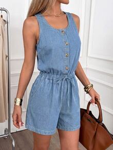 Easowa Women's Round Neck Pleated Casual Everyday Denim Overall Shorts Vacation Light Blue Summer - Light Wash - View 5