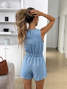 Easowa Women's Round Neck Pleated Casual Everyday Denim Overall Shorts Vacation Light Blue Summer - Light Wash - View 3