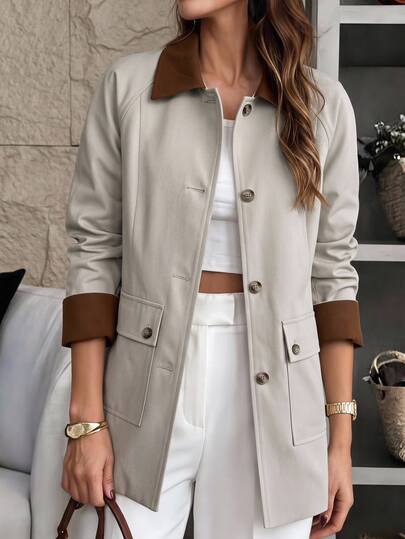 Rusticease Women's Colorblock Lapel Raglan Long Sleeve Casual Minimalist Trench Coat Office Beige Autumn