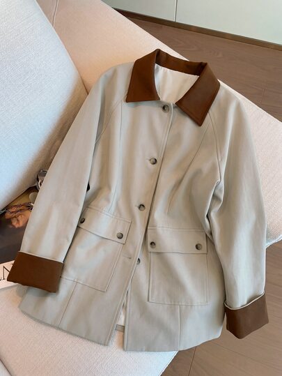 Rusticease Women's Colorblock Lapel Raglan Long Sleeve Casual Minimalist Trench Coat Office Beige Autumn