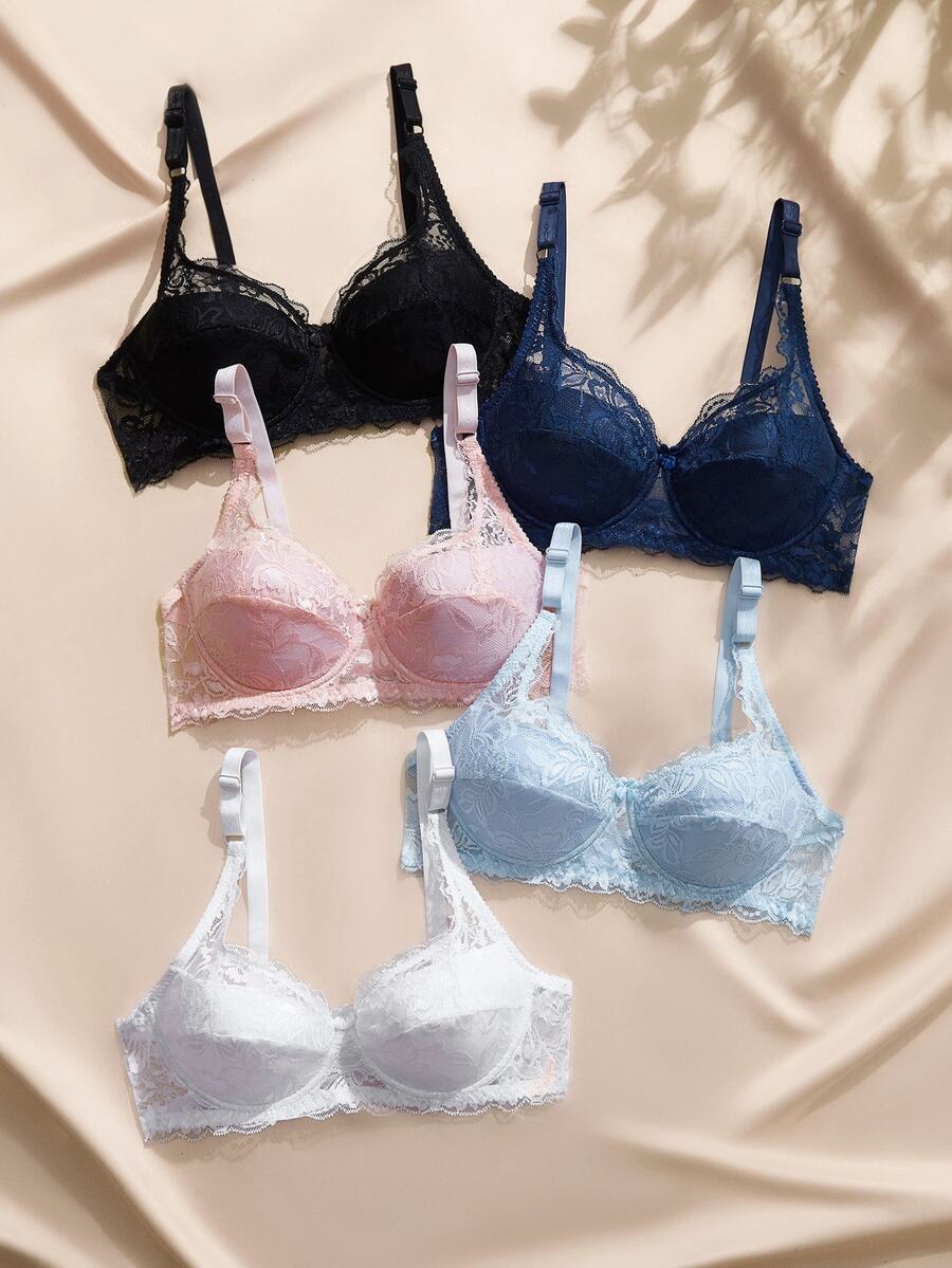 Charlaine Women's Solid Color Lace Bra 5pcs Set Sexy Lingerie - Multicolor - View 1